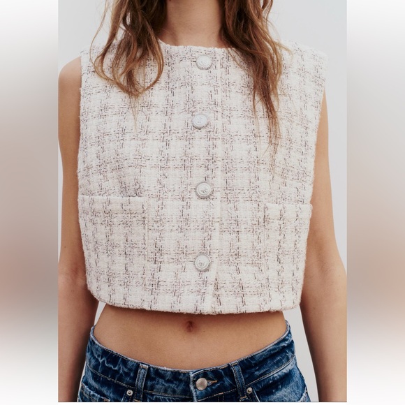 Zara Textured Cropped Vest Round neck Top Front pockets Ecru Beige size L NWT - Picture 7 of 16